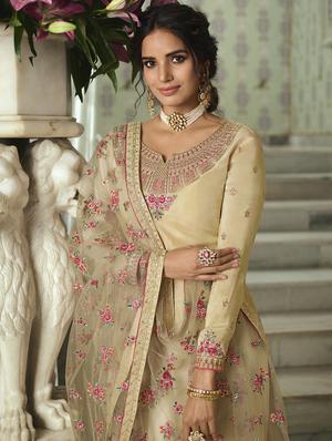 beige art silk aline suits semistitched suit - 17424913 - Standard Image - 2