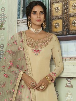 beige art silk aline suits semistitched suit - 17424913 - Standard Image - 3