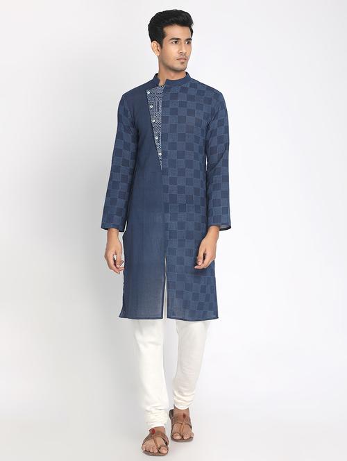 navy blue checkered long kurta - 17424950 - Standard Image - 1