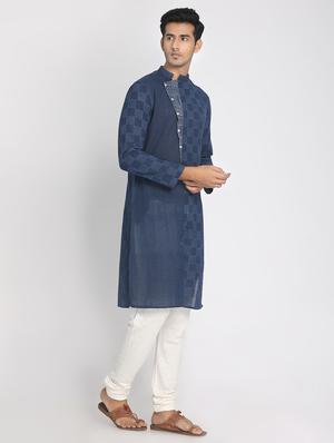 navy blue checkered long kurta - 17424950 - Standard Image - 2