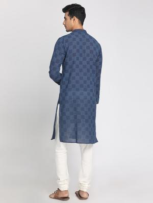 navy blue checkered long kurta - 17424950 - Standard Image - 3