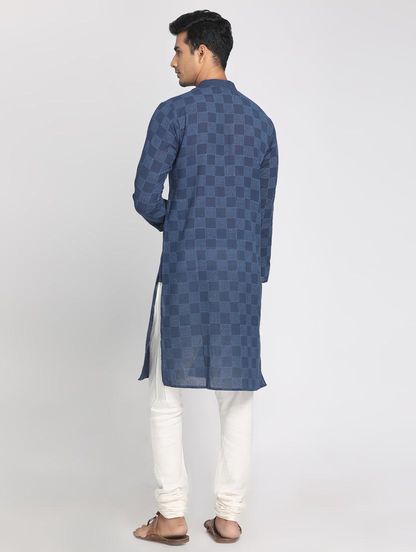 navy blue checkered long kurta - 17424950 - Zoom Image - 3