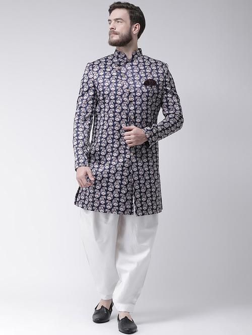 navy blue printed sherwani set - 17425297 - Standard Image - 1