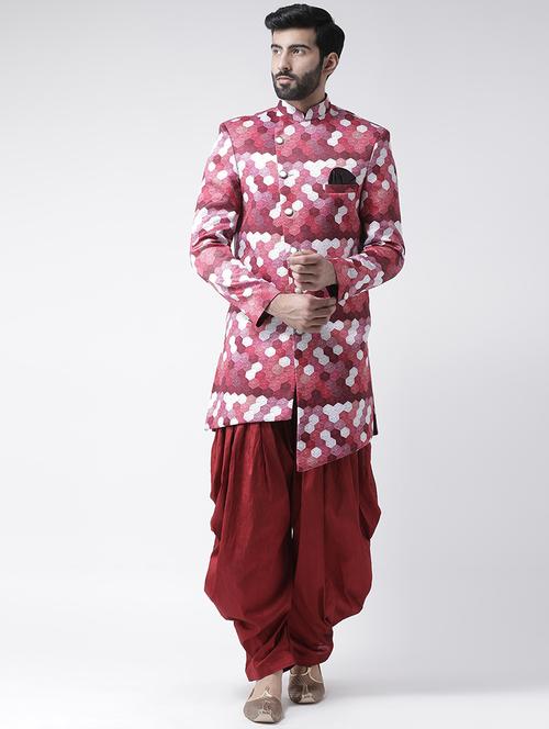 maroon printed sherwani set - 17425325 - Standard Image - 1