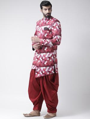 maroon printed sherwani set - 17425325 - Standard Image - 2