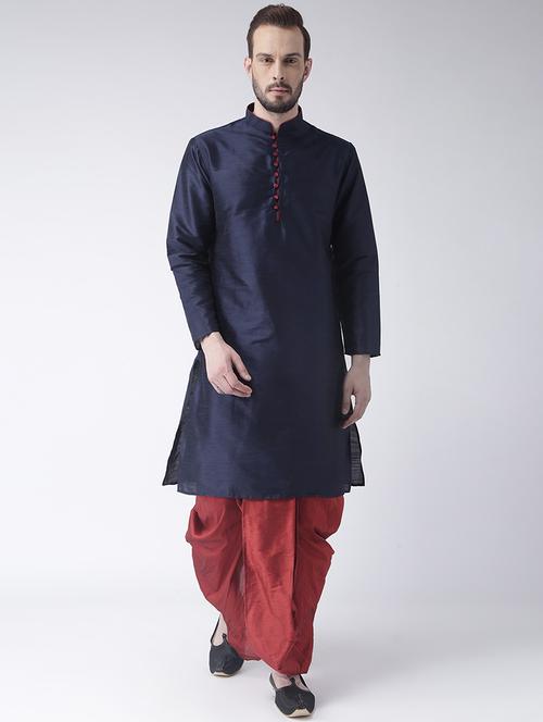 navy blue solid dupion dhoti kurta set - 17425371 - Standard Image - 1
