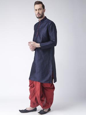navy blue solid dupion dhoti kurta set - 17425371 - Standard Image - 2