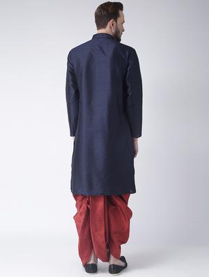 navy blue solid dupion dhoti kurta set - 17425371 - Standard Image - 3