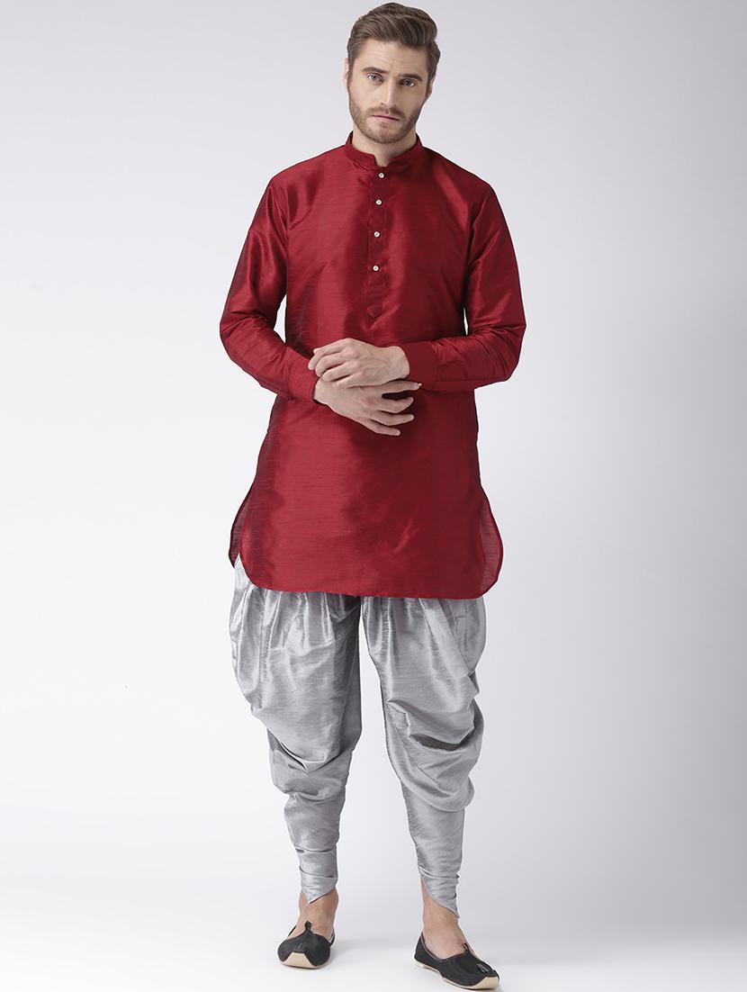 maroon solid dupion dhoti kurta set - 17425373 - Zoom Image - 1