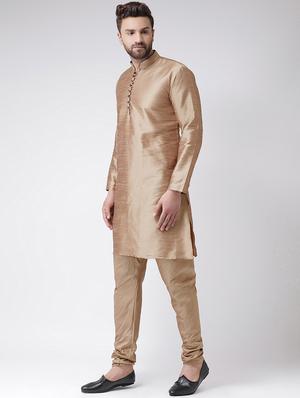 khakhi solid silk blend kurta pyjama set - 17425401 - Standard Image - 2