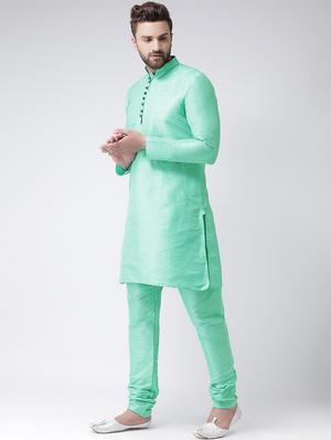 sea green solid silk blend kurta pyjama set - 17425403 - Standard Image - 2