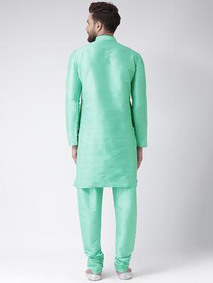 sea green solid silk blend kurta pyjama set - 17425403 - Standard Image - 3
