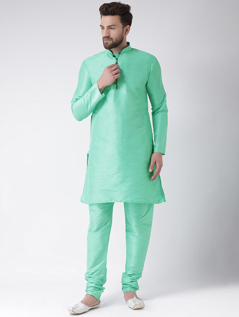 sea green solid silk blend kurta pyjama set - 17425403 - Zoom Image - 1