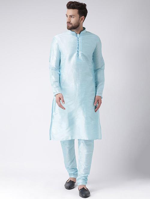light blue solid silk blend kurta pyjama set - 17425404 - Standard Image - 1
