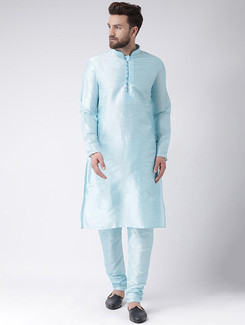 light blue solid silk blend kurta pyjama set - 17425404 - Zoom Image - 1