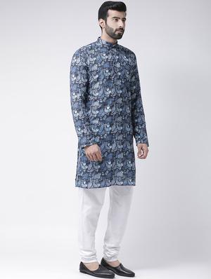 navy blue printed kurta pyjama set - 17425406 - Standard Image - 2