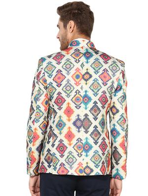 beige printed silk blend bandhgala blazer - 17425415 - Standard Image - 3