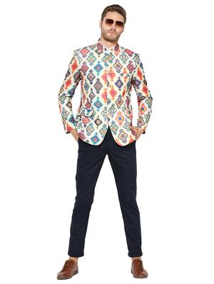 beige printed silk blend bandhgala blazer - 17425415 - Standard Image - 4
