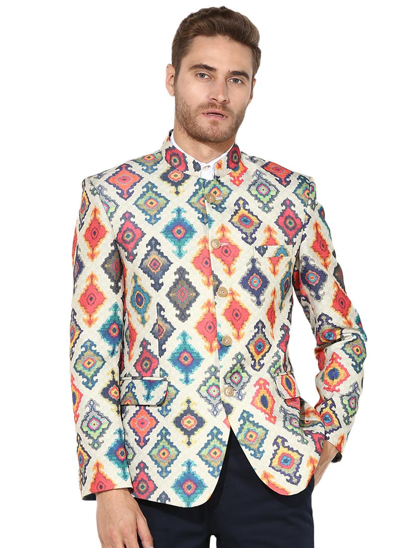 beige printed silk blend bandhgala blazer