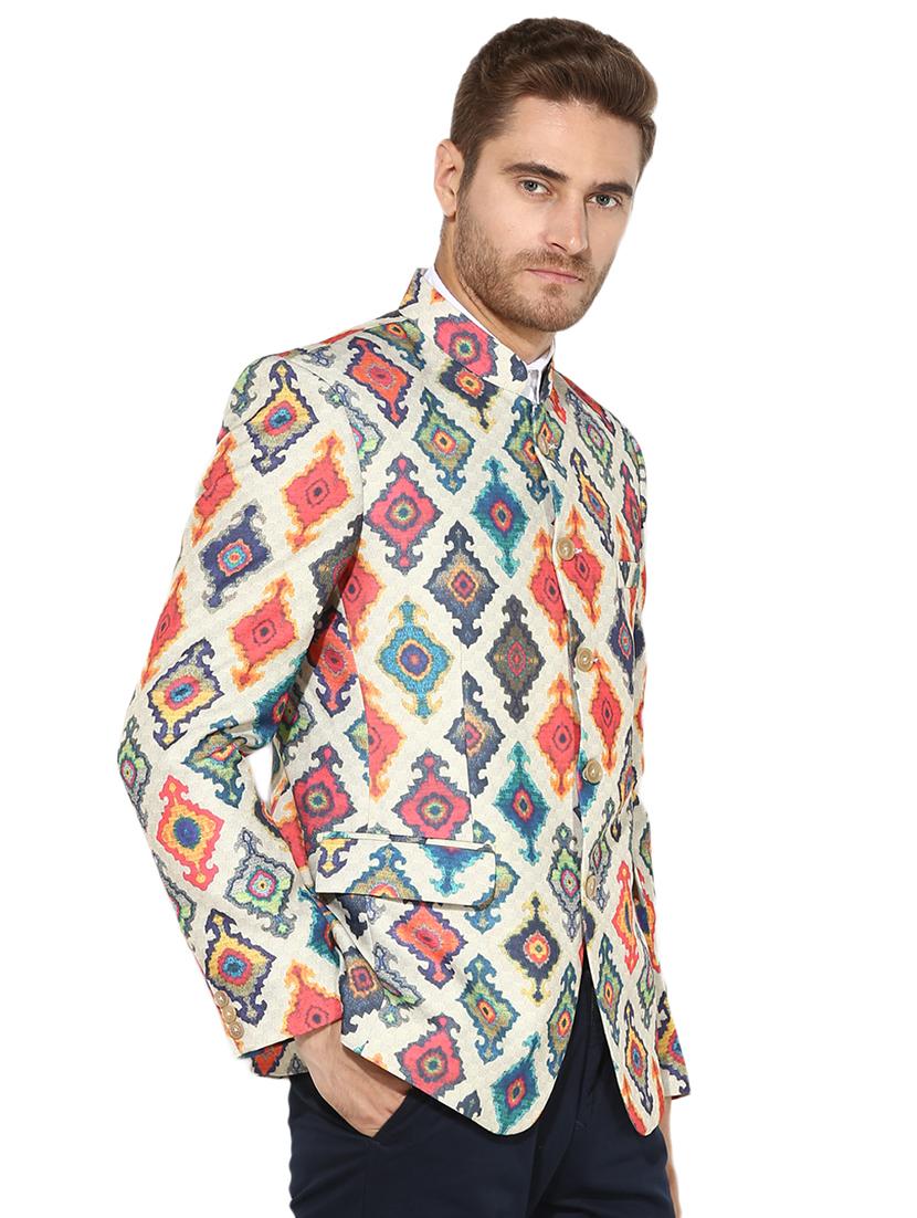 beige printed silk blend bandhgala blazer - 17425415 - Zoom Image - 2