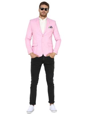 pink solid linen single breasted casual blazer - 17425416 - Standard Image - 4