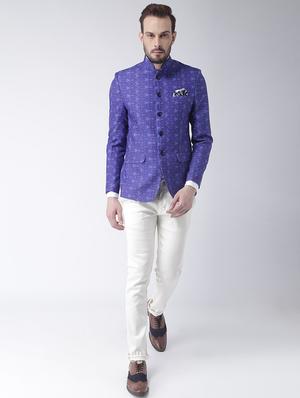 blue printed bandhgala casual blazer - 17425423 - Standard Image - 4