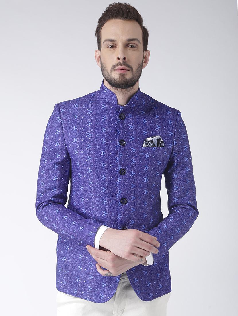 blue printed bandhgala casual blazer - 17425423 - Zoom Image - 1