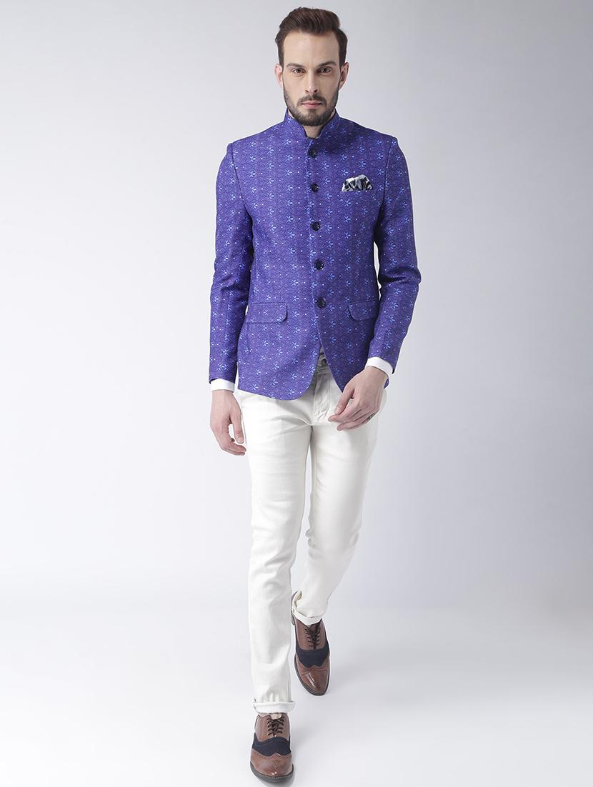 blue printed bandhgala casual blazer - 17425423 - Zoom Image - 4