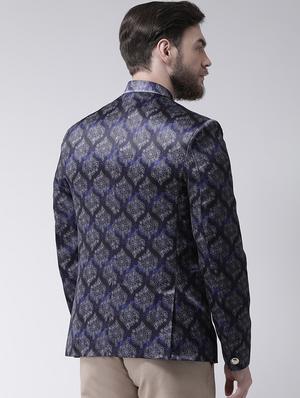 navy blue printed bandhgala casual blazer - 17425435 - Standard Image - 3