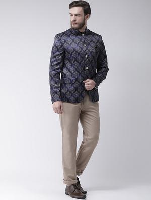 navy blue printed bandhgala casual blazer - 17425435 - Standard Image - 4