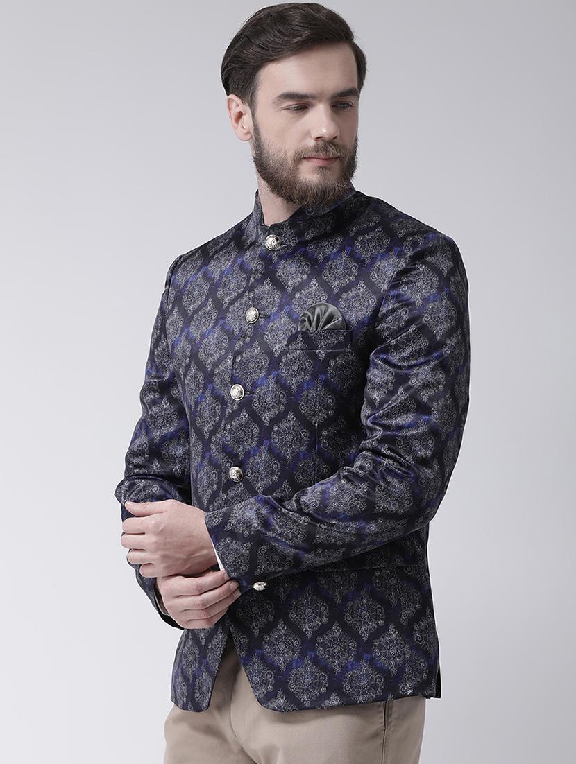 navy blue printed bandhgala casual blazer - 17425435 - Zoom Image - 2