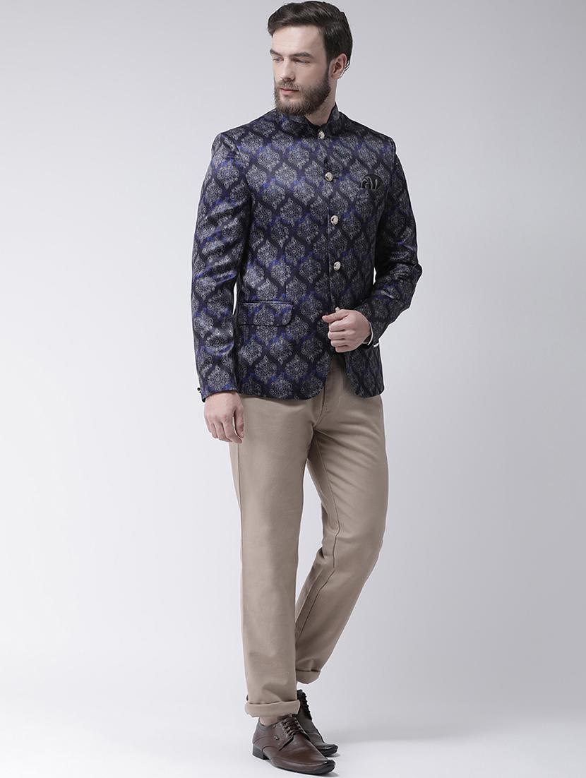 navy blue printed bandhgala casual blazer - 17425435 - Zoom Image - 4