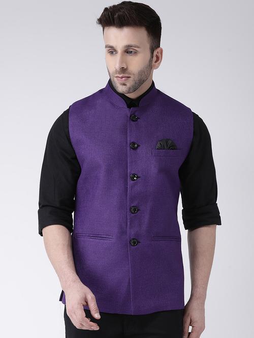 purple solid khaadi nehru jacket - 17425447 - Standard Image - 1