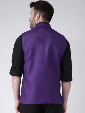 purple solid khaadi nehru jacket - 17425447 - Standard Image - 3