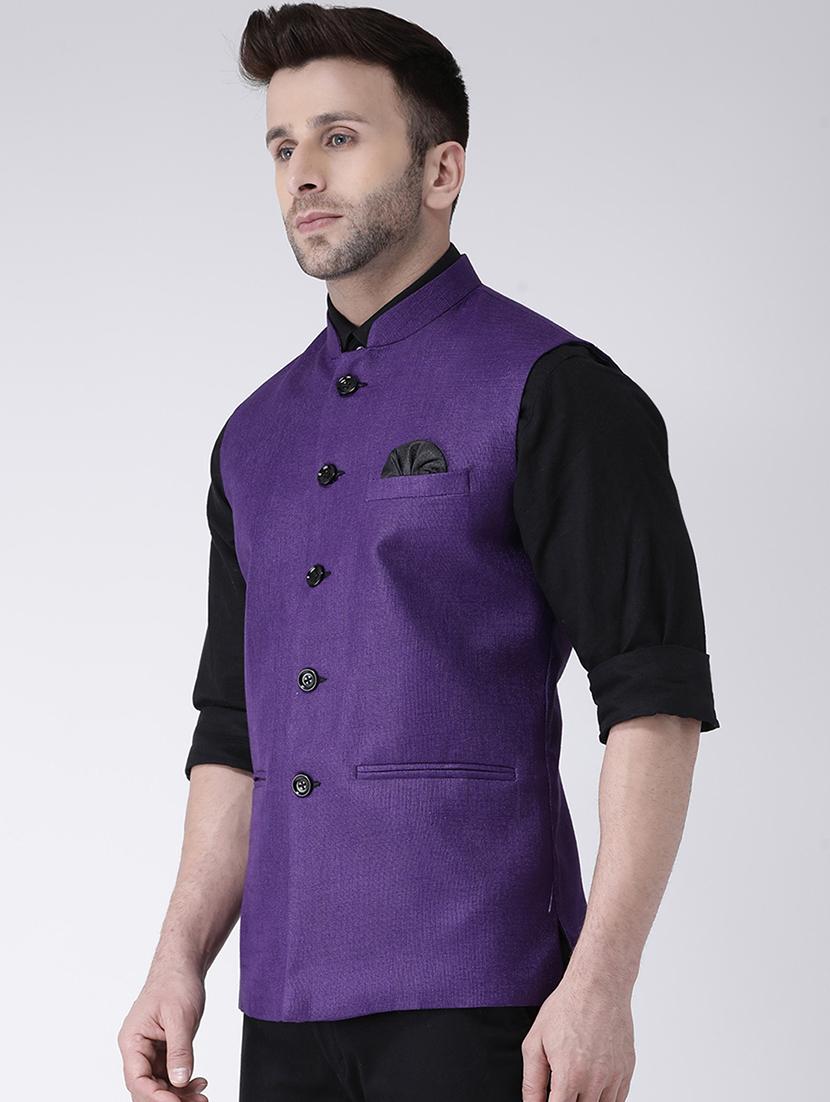 purple solid khaadi nehru jacket - 17425447 - Zoom Image - 2