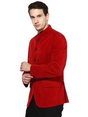 red solid velvet bandhgala casual blazer - 17425455 - Standard Image - 2