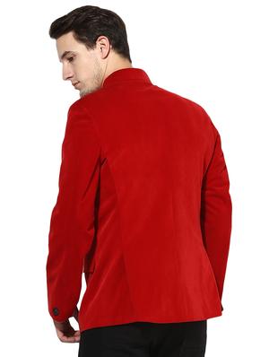 red solid velvet bandhgala casual blazer - 17425455 - Standard Image - 3