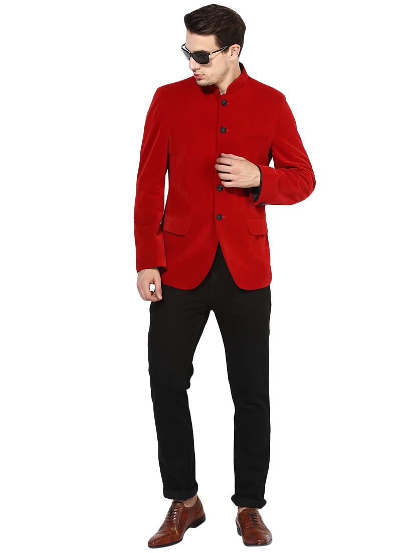 red solid velvet bandhgala casual blazer - 17425455 - Zoom Image - 4