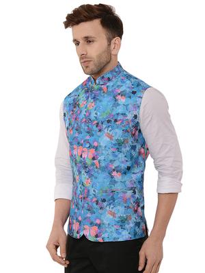 blue floral print nehru jacket - 17425466 - Standard Image - 2