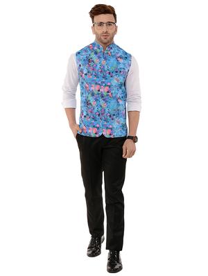blue floral print nehru jacket - 17425466 - Standard Image - 4