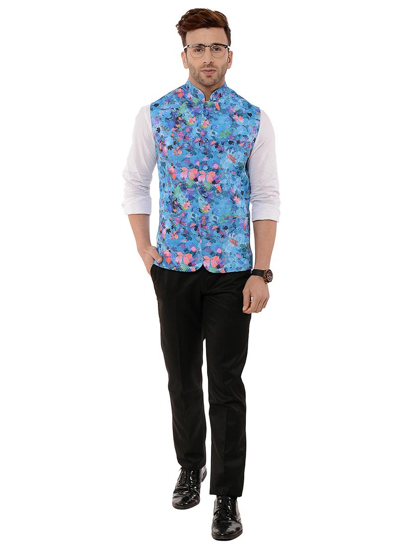 blue floral print nehru jacket - 17425466 - Zoom Image - 4