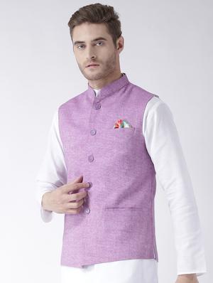 purple solid linen nehru jacket - 17425481 - Standard Image - 2