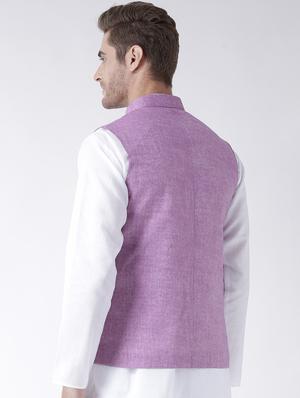 purple solid linen nehru jacket - 17425481 - Standard Image - 3