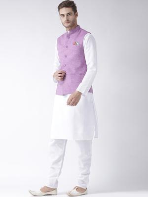 purple solid linen nehru jacket - 17425481 - Standard Image - 4
