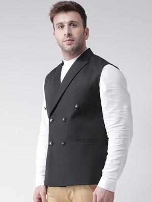 black solid double breasted waist coat - 17425486 - Standard Image - 2