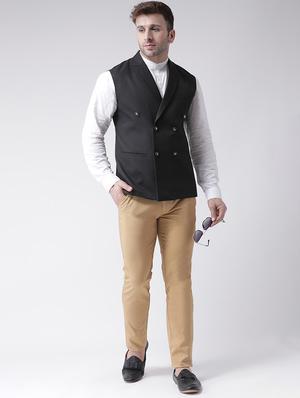 black solid double breasted waist coat - 17425486 - Standard Image - 4