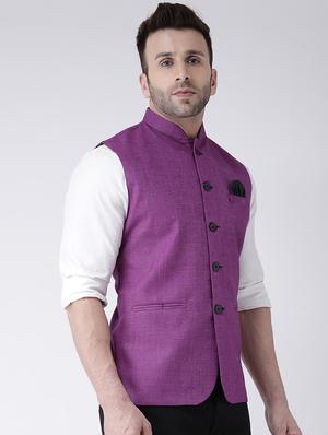 purple solid khaadi nehru jacket - 17425489 - Standard Image - 2