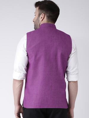 purple solid khaadi nehru jacket - 17425489 - Standard Image - 3
