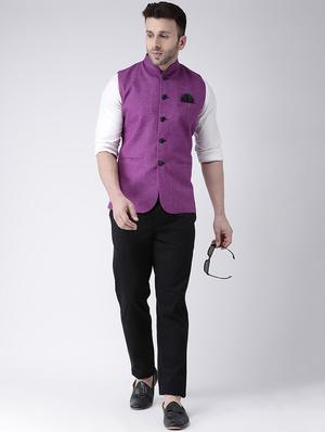 purple solid khaadi nehru jacket - 17425489 - Standard Image - 4