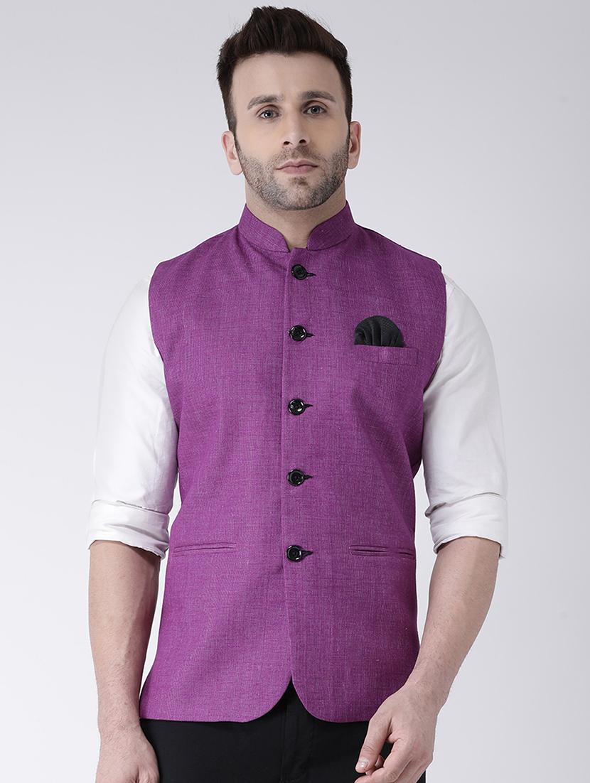 purple solid khaadi nehru jacket - 17425489 - Zoom Image - 1